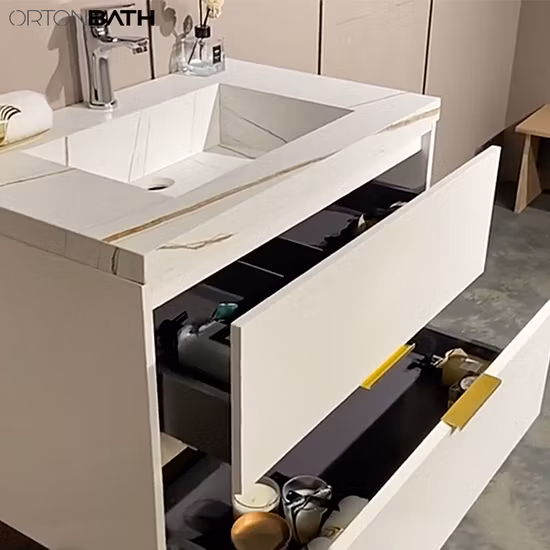 ヨーロッパのモダンなミニマリスト木製パネル洗面化粧台ウォールキャビネット家具引き出しとミラー付き